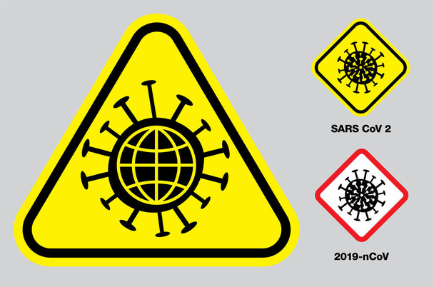 Set of coronavirus warning signs with yellow triangles and rectangles showing a virus molecule with planet inside for use during the Covid-19 pandemic - Vector, Image