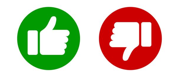 Hüvelykujj fel és hüvelykujj lefelé ikonok beállítva zöld és piros színekben. Tetszik és nem tetszik az ikon. Lapos stílus - EPS 10 törzsvektor - Vektor, kép