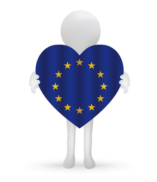 pequeño 3d hombre sosteniendo una bandera de la Unión Europea
 - Vector, imagen