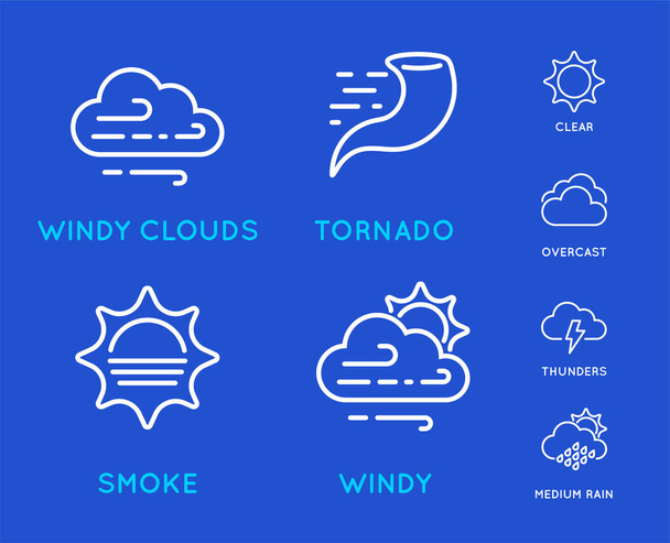 Conjunto de iconos de línea relacionados con el clima. Contiene Viento, Ventisca, Sol, Lluvia y más. Estilo de trazo. - Vector, imagen