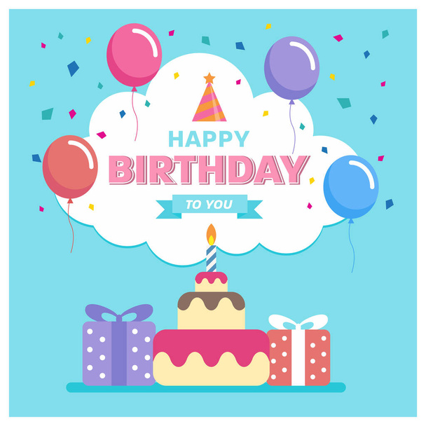 Feliz cumpleaños a usted con pastel, globo de la caja de regalo y cinta sobre fondo azul - Vector, Imagen