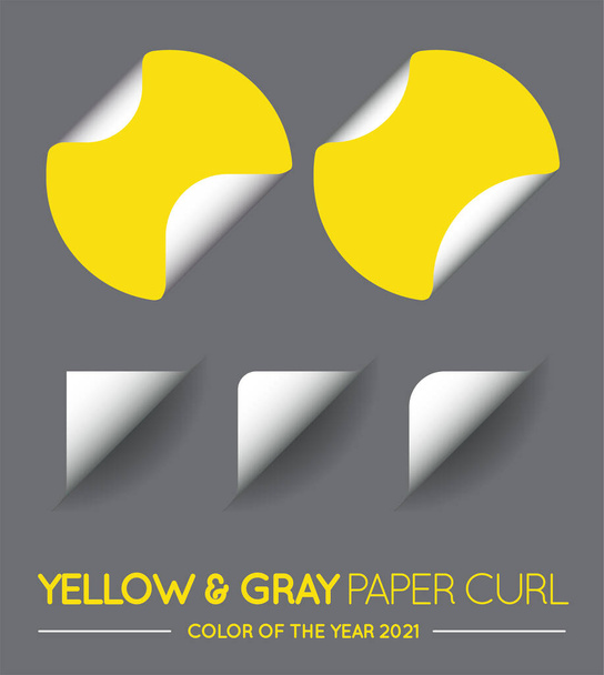 Trendfarbe. Gelb und Grau. Vektor Round Circle mit Paper Curl mit Shadow Isolated Set. Aufkleber. - Vektor, Bild