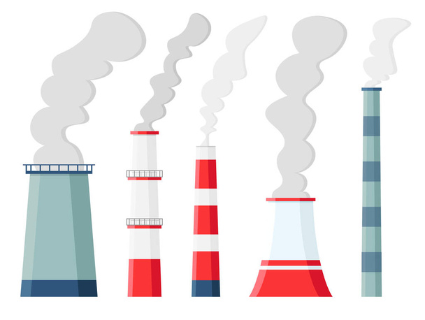 Znečištění ovzduší továrnou. Emise oxidu uhličitého z znečištění životního prostředí. Toxické továrny a rostliny s kouřem nebo smogem. Znečišťující vektorový obrázek komínů. - Vektor, obrázek