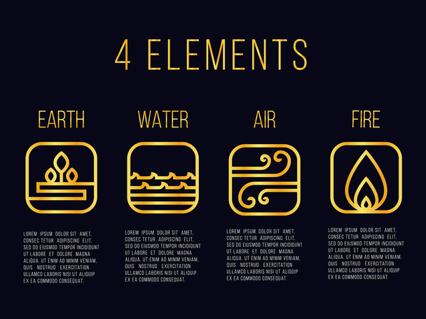 Natura 4 elementy linii złota abstrakcyjny znak ikony. Woda, ogień, ziemia, powietrze. na ciemnym tle. - Wektor, obraz