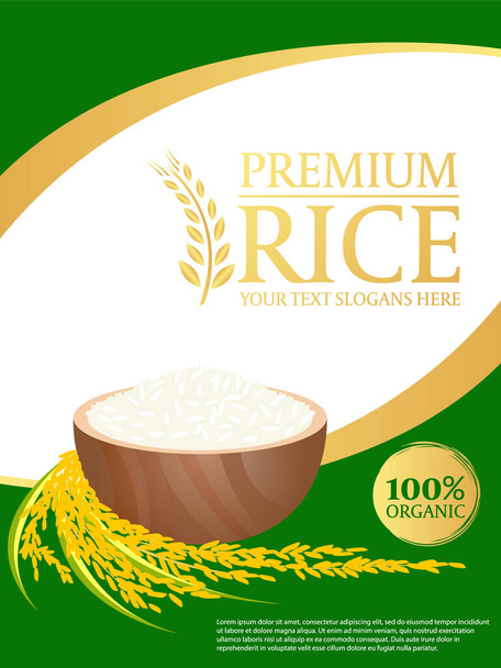 riz blanc et riz paddy sur fond vert doré Modèle de mise en page Conception vectorielle - Vecteur, image