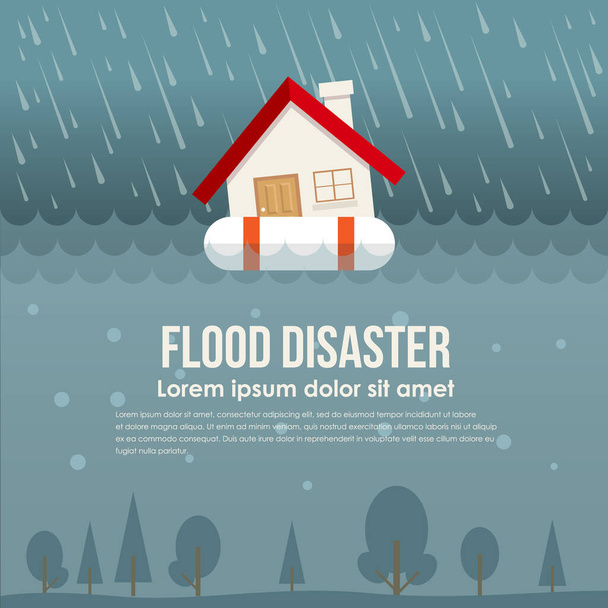 Flood disaster with home on Life ring in flood water and rain vector design - Vector, Image