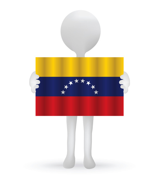 Pequeno homem 3d segurando uma bandeira venezuelana
 - Vetor, Imagem