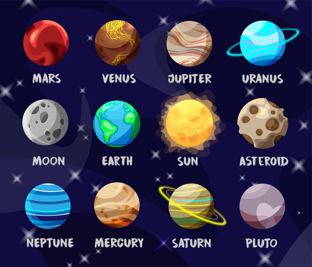 Sada pestrobarevných planet ve sluneční soustavě. Měsíc, Slunce a asteroid na pozadí vesmíru. Plochá kreslená sbírka nebeských těles. Vektorová ilustrace. - Vektor, obrázek