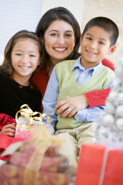 Mother With Her Daughter And Son Holding Christmas Gifts - Foto, afbeelding