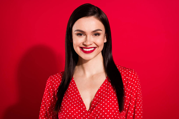 Photo of young fancy brunette lady wear red dress isolated on vivid color background - Fotografie, Obrázek