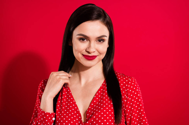 Photo of young flirty brunette lady touch body wear red dress isolated on vivid color background - Φωτογραφία, εικόνα