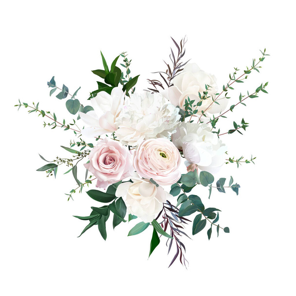 Delicate white peony, cream white magnolia, pink rose and ranunculus, peony flowers - Vektori, kuva