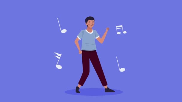 молодой человек танцует персонажа с нотами музыки - Кадры, видео