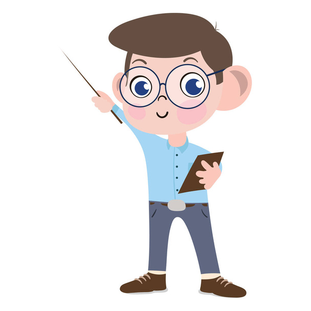 A Cute and Adorable Child Character in Cartoon Style. Kindergarten Preschool kid Dressed as college professor. Small Kid pointing towards blackboard.  Dream job. Big Dreams. Life Goals. - Photo, Image