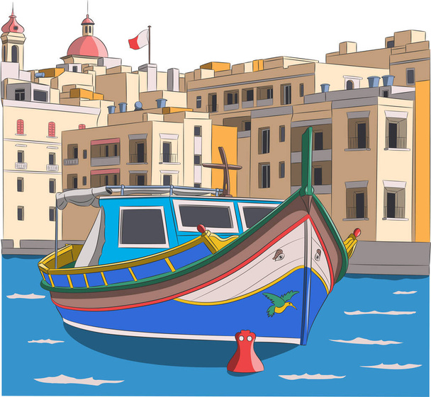 Malta. El colorido barco de pesca tradicional Luzzu contra el telón de fondo de la ciudad de La Valeta. - Vector, imagen
