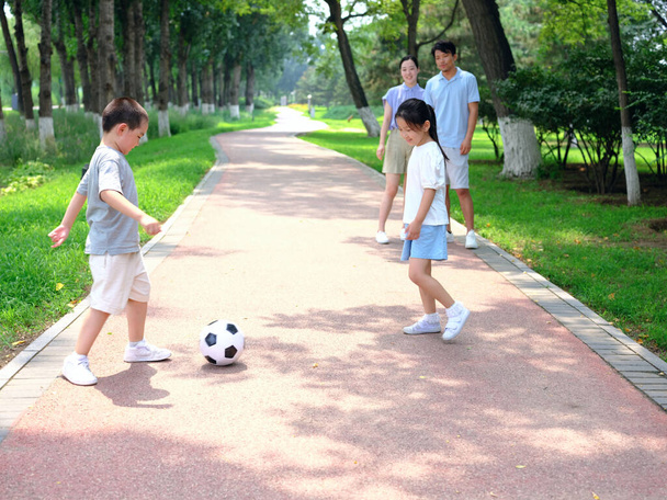 Happy family of four playing football in the park - Photo, Image