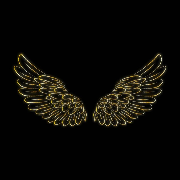 Ángel alas letrero de neón, brillo brillante, alas de ángel sobre fondo negro, base de metal, oro, vector de ilustración - Vector, Imagen