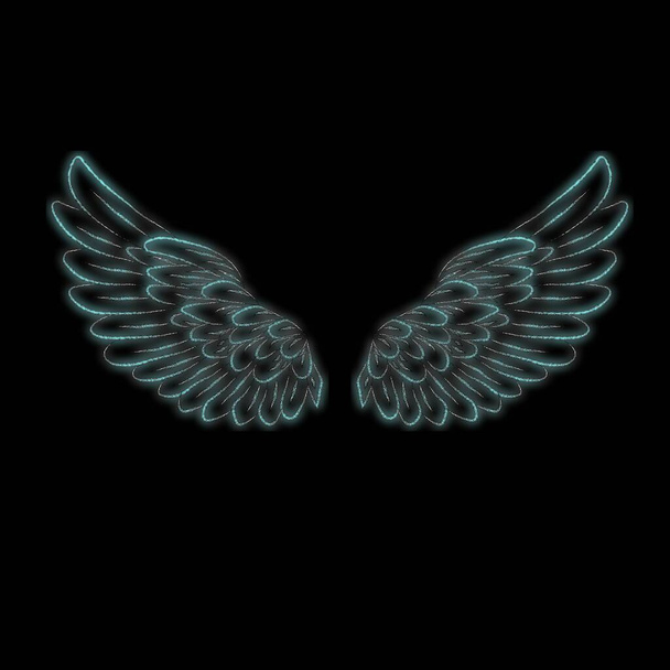  Неоновый знак "Крылья ангела", яркое свечение, черный фон, векторная иллюстрация - Вектор,изображение