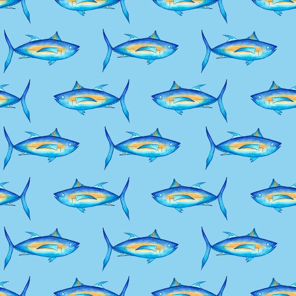 Blue fish on a light blue background. Seamless pattern. Watercolor illustration with cute tuna. For fabric, wallpaper, wrapping paper. - Фото, изображение
