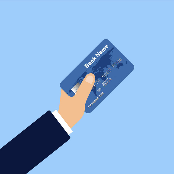 Hand holds a credit card. Flat design of online payment. Cash withdrawal. Financial operations. Vector illustartion. Isolated. - Vector, Image