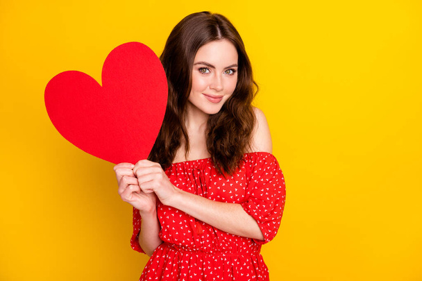 Portrait of charming satisfied girl arms hold heart symbol card look camera isolated on yellow color background - Фото, зображення
