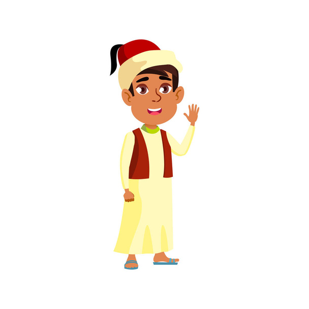 ragazzo arabo in indumento nazionale felice di vedere ospiti internazionali in aeroporto vettore cartone animato - Vettoriali, immagini