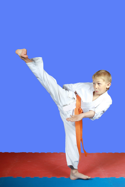 Yoko-geri suorittaa pieni poika karate
 - Valokuva, kuva