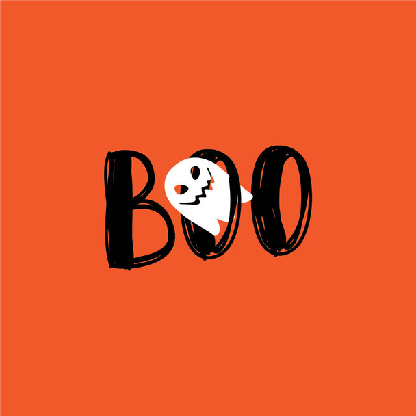 Απόκριες εικονογράφηση και γράμματα με τρομακτικό φάντασμα φάντασμα σε πορτοκαλί φόντο λέγοντας Boo - Διάνυσμα, εικόνα
