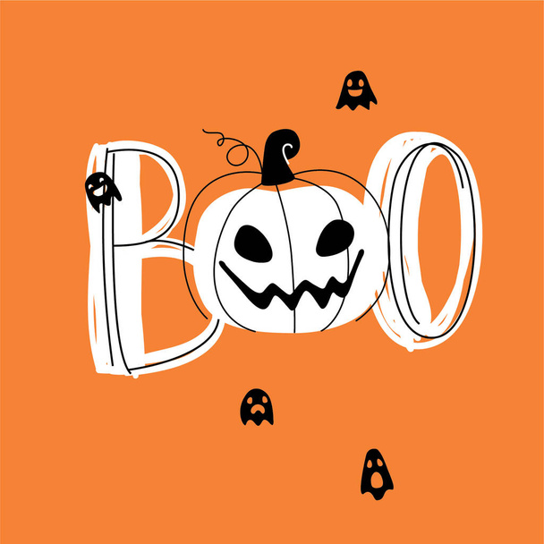 Happy Halloween illustration of pumpkin jack o lantern with angry face saying boo - Vetor, Imagem