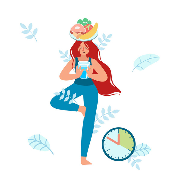 Meditating woman, stand balanced in  tree pose, holding a glass of water in her hands, and a plate with healthy food on her head. Waiting for time to eat. Intermittent fasting. Yoga. Patience. - Vector, Image