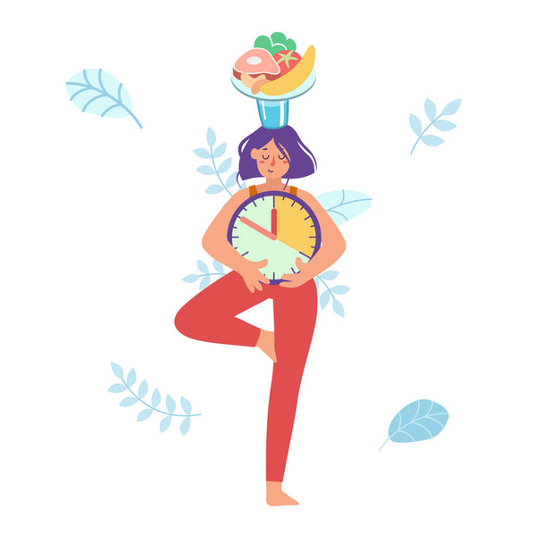 Иллюстрация девушки стоит сбалансированной в позе дерева, держа стакан воды и тарелку со здоровой пищей на голове, и часы в руках. Ждём, когда мы поедим. Непрерывный пост. Йога. Терпение. Баланс - Вектор,изображение