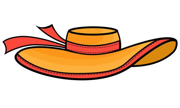 Ilustración vectorial de un sombrero de paja con una cinta aliada. Sombrero de paja aislado sobre fondo blanco. Vector dibujo sombrero concepto de vacaciones de verano. - Vector, Imagen