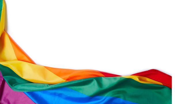 Progresso Bandiera arcobaleno LGBTQ isolata su sfondo bianco. Bandiera in angolo. Concetto di libertà e amore. Il mese dell'orgoglio. attivismo, comunità e libertà Concetto. Copia spazio.. - Foto, immagini