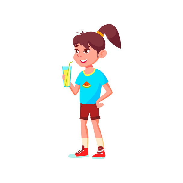 glimlachend meisje drinken vers fruit cocktail op kinderen partij cartoon vector - Vector, afbeelding