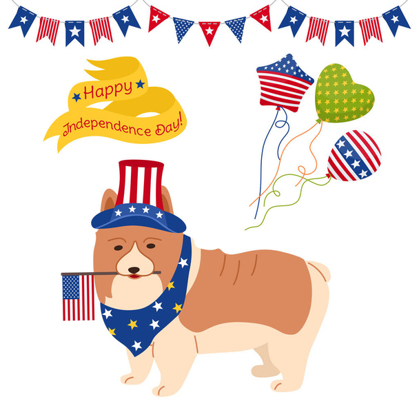 Día de la Independencia Americana conjunto de dibujos animados vector corgi - Vector, Imagen