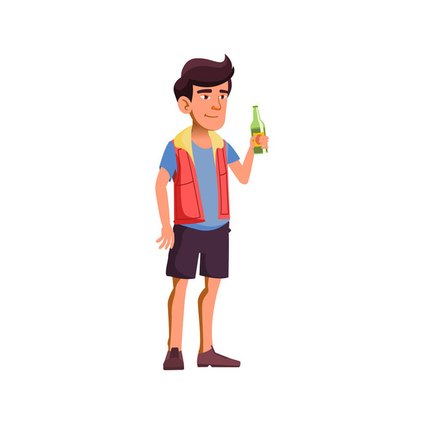uśmiechnięty młody facet pijący piwo ze szklanej butelki na imprezowym wektorze kreskówek - Wektor, obraz