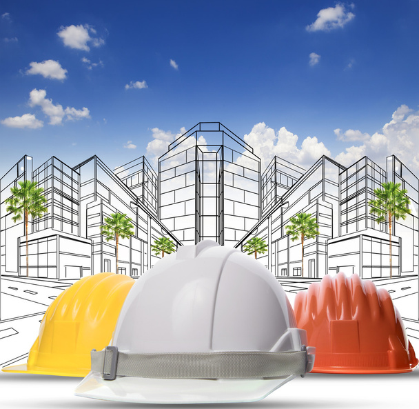 tři barevné ochranné přilby výstavby na bílé ba - Fotografie, Obrázek