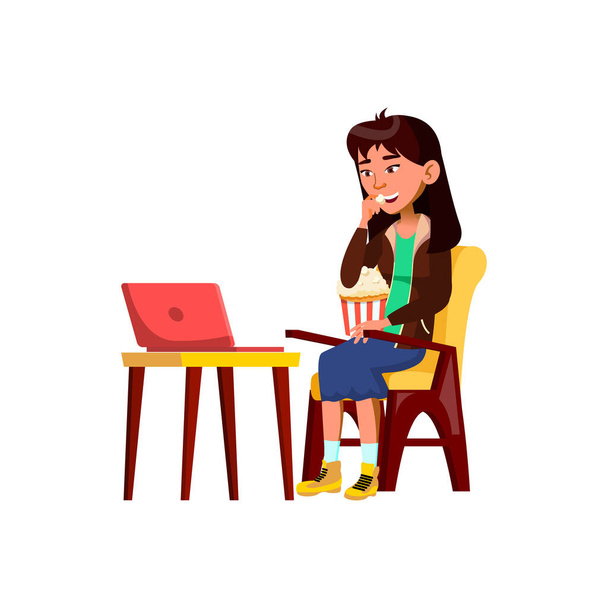 chinois jeune fille regarder film sur ordinateur portable et manger pop-corn snack dessin animé vecteur - Vecteur, image