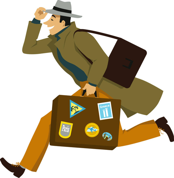 Osoba z walizką i torbą biegającą, trzymająca kapelusz, podekscytowana ponowną podróżą, Ilustracja wektora EPS 8 - Wektor, obraz