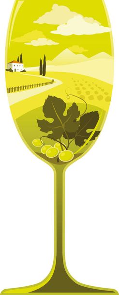 ワイナリーといくつかのブドウの葉とブドウ、 EPS 8ベクトルのイラスト、透明性のないイタリアのワイン地域の風景でいっぱいのワイングラスのシルエット  - ベクター画像