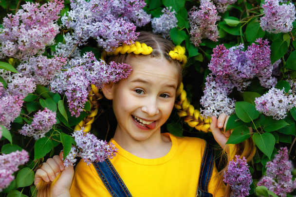 Egy nagy portré egy lányról sárga pólóban, két fonattal, fényes szálakkal egy virágzó lila bokor mellett. A kezével fogja a fonatait. Tavaszi virágok. - Fotó, kép