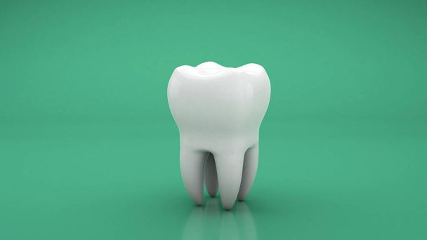 Белый зуб на зеленом фоне. 3D рендеринг - Фото, изображение