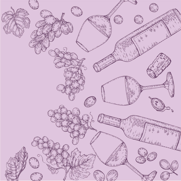 Colección de copas de vino, botellas y racimos de uvas. Dibujo detallado dibujado a mano, ilustración vectorial. - Vector, Imagen