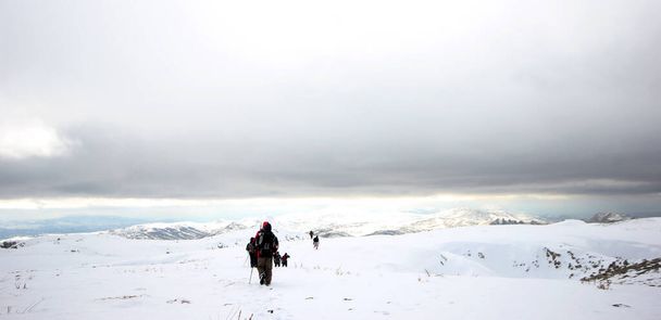 Ομάδα ορειβατών που περπατάνε στα βουνά καλυμμένοι με χιόνι - Φωτογραφία, εικόνα