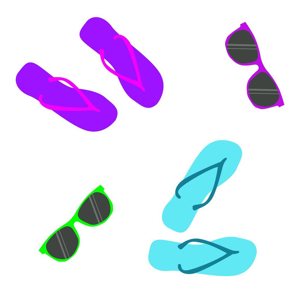Pantoufles bleues et violettes, lunettes de soleil, sur fond blanc. Décor d'été et commodités de plage pour la décoration Illustration vectorielle plate simple - Vecteur, image