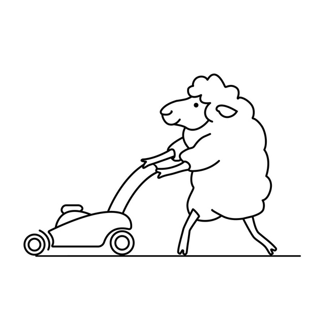 Lustige Schafe mähen das Gras mit dem Rasenmäher und machen Rasen. Comic Doodle Vektor Animal Illustration isoliert auf weißem Hintergrund. Schwarzumrissenes Bild. - Vektor, Bild