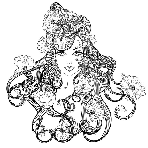 Meisje met haarjurk van klaprozen - Vector, afbeelding