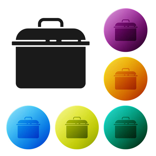 Black Cooking pot icon isolated on white background. Boil or stew food symbol. Set icons in color circle buttons. Vector - ベクター画像