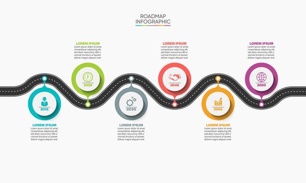 Presentazione Business road map modello infografico con 6 opzioni. - Vettoriali, immagini