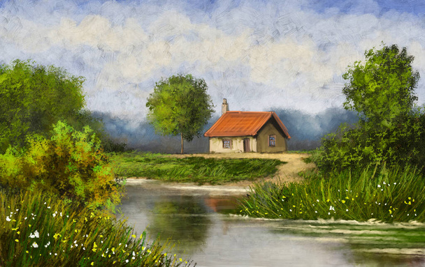 Ελαιογραφίες τοπίο, λεπτή τέχνη, σπίτι στο ποτάμι το καλοκαίρι, ποτάμι στο δάσος - Φωτογραφία, εικόνα